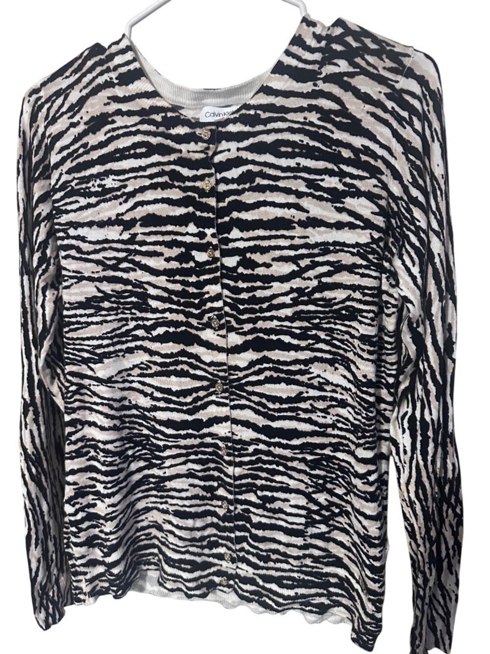 Calvin Klein black tan and white tiger striped cardigan sweater size S